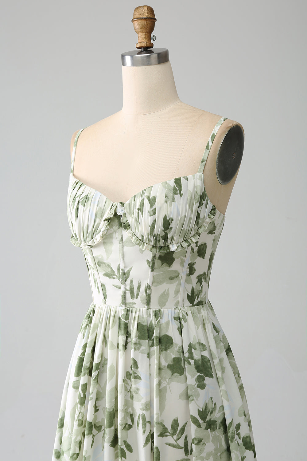 Green A-Line Spaghetti Straps Printed Floral Maxi Dress With Slit