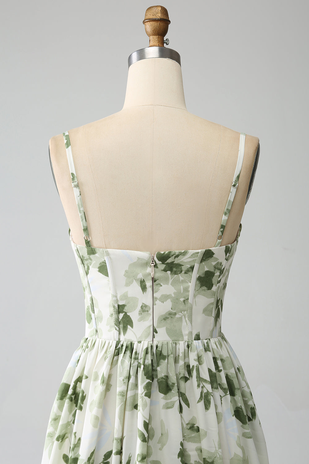 Green A-Line Spaghetti Straps Printed Floral Maxi Dress With Slit