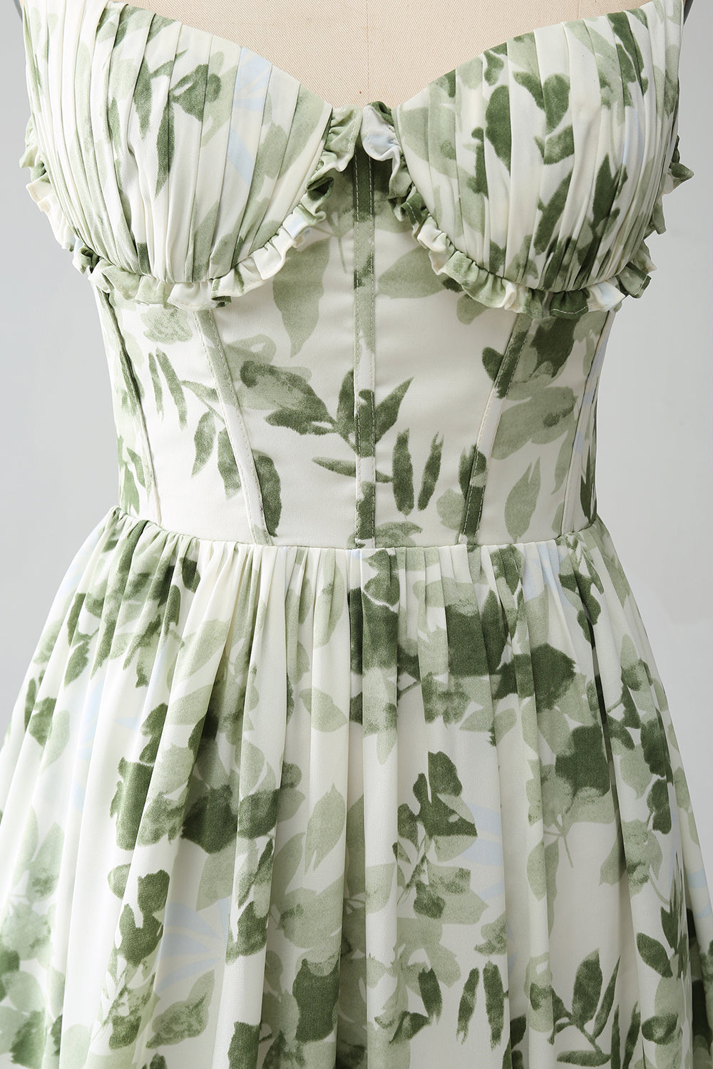 Green A-Line Spaghetti Straps Printed Floral Maxi Dress With Slit