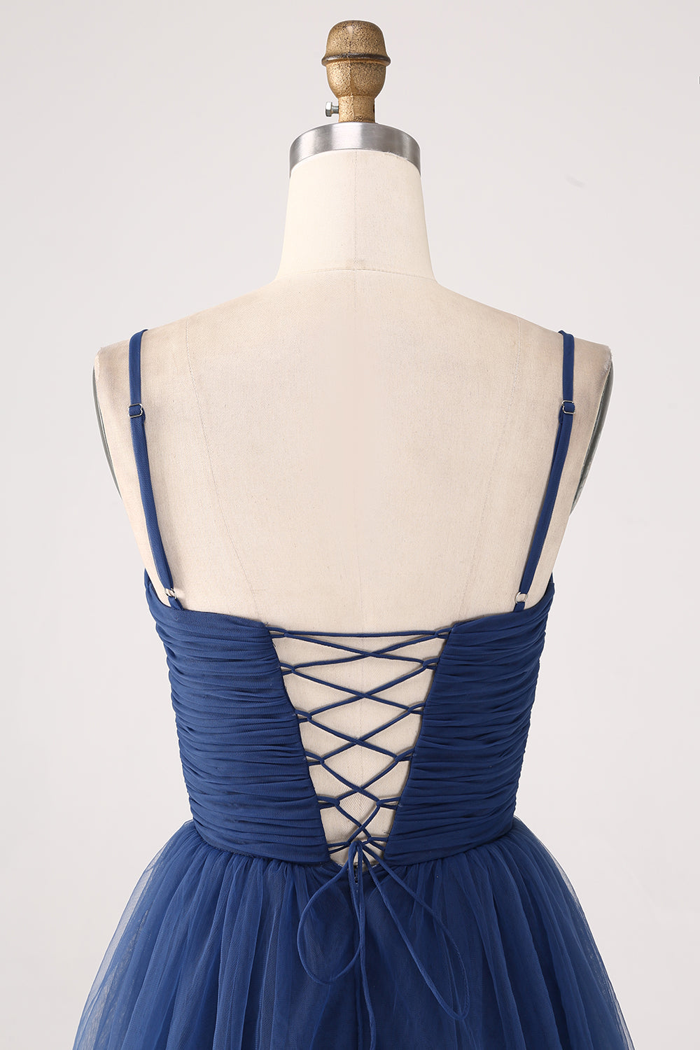 A Line Spaghetti Straps Tiered Tulle Pleated Prom Dress with Slit