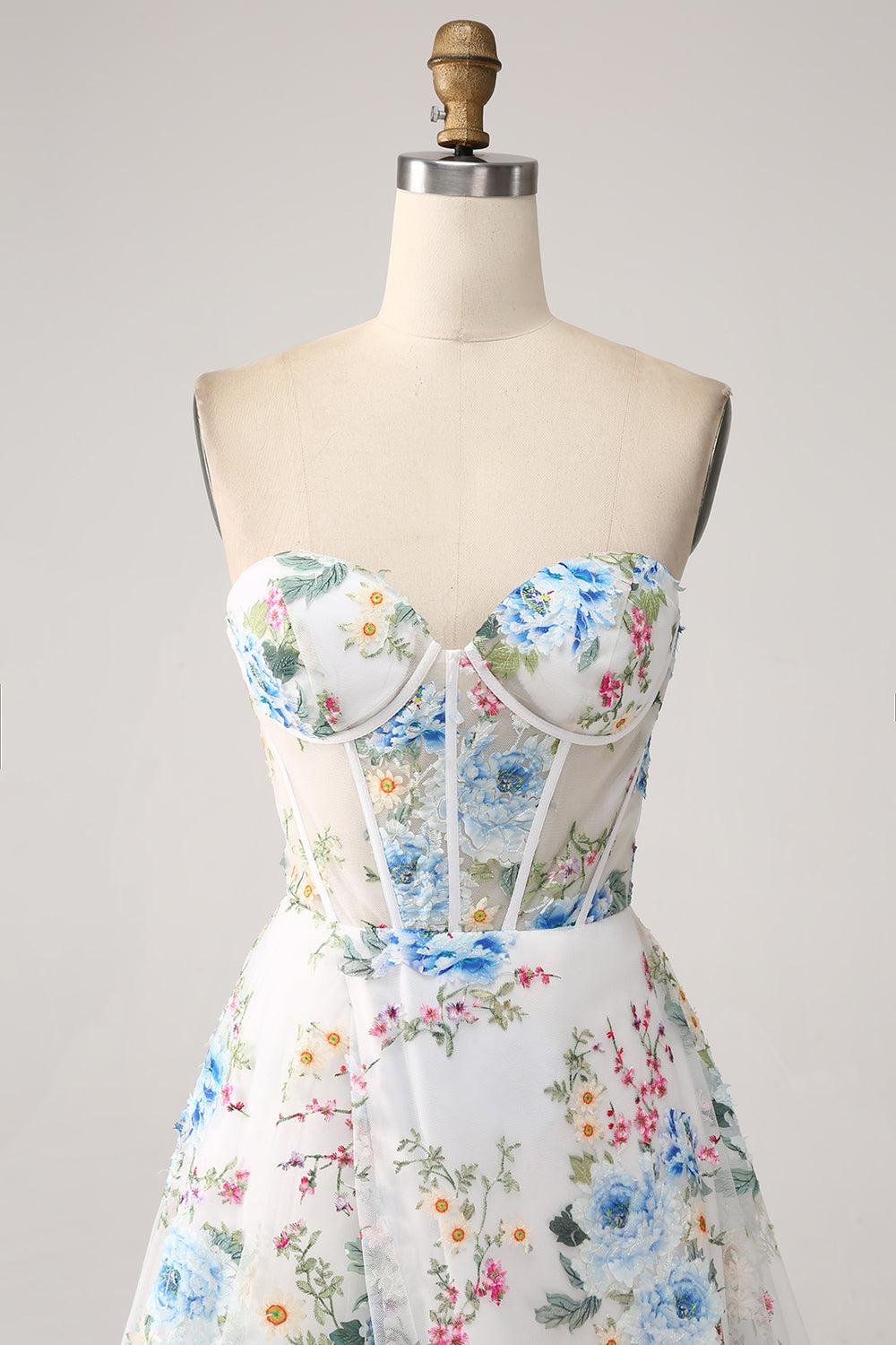 White Blue Flower A-Line Strapless Corset Long Prom Dress With Slit