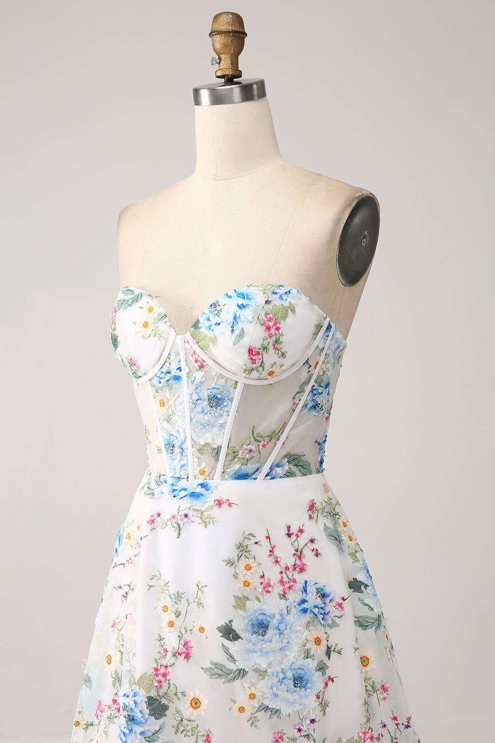 White Blue Flower A-Line Strapless Corset Long Prom Dress With Slit