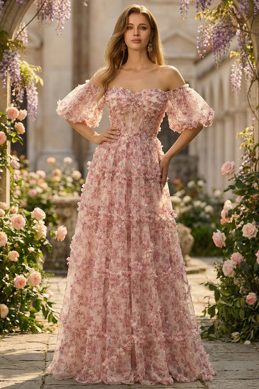 White Red Flower Princess A Line Off The Shoulder Corset Long Prom Dress