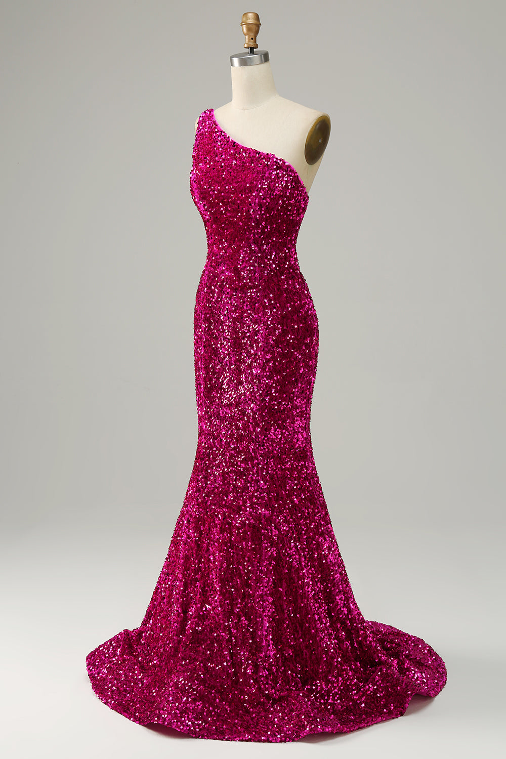 Mermaid One Shoulder Open Back Fuchsia Prom Dress