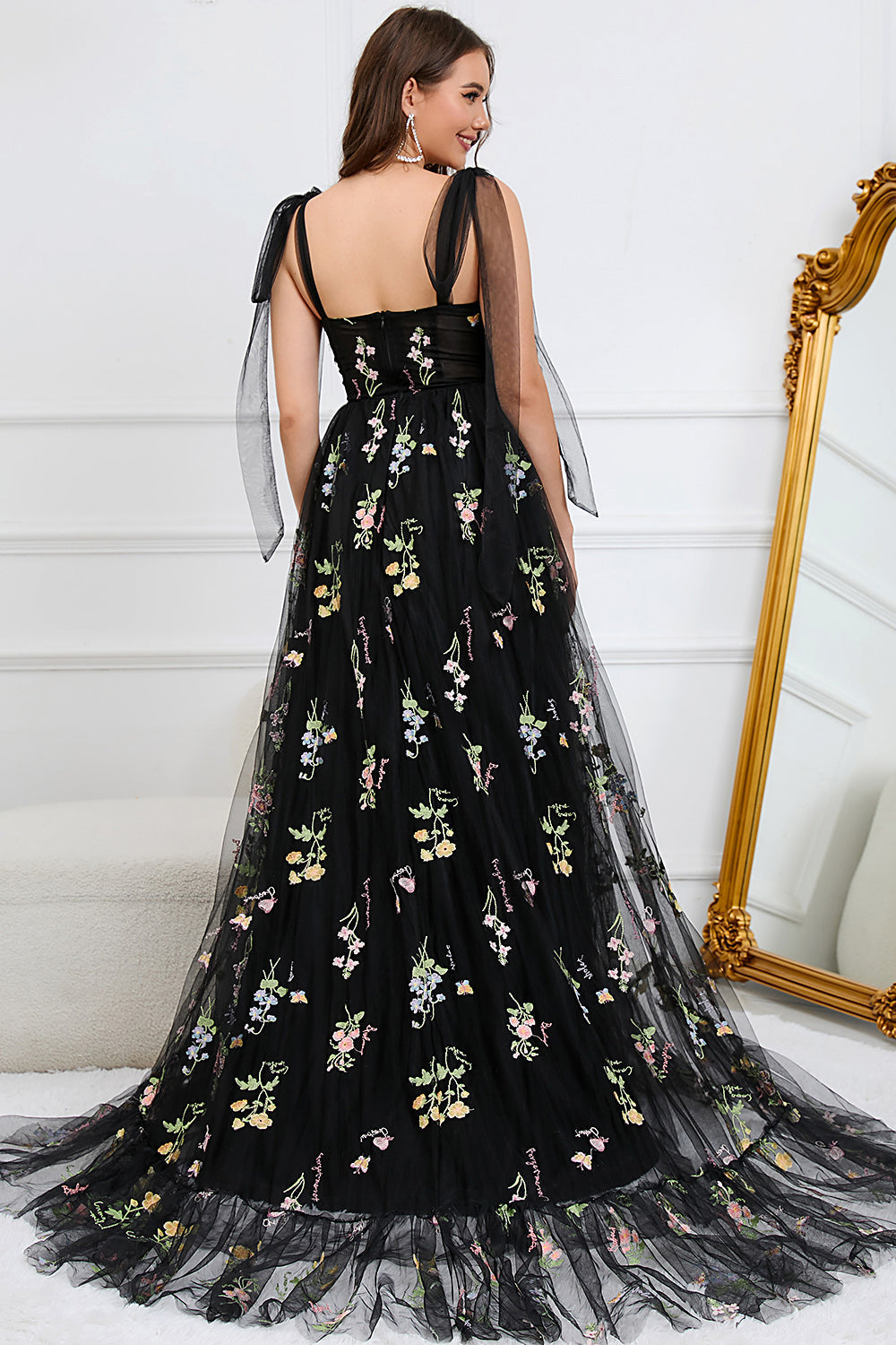 Black Embroidery Corset Long Prom Dress