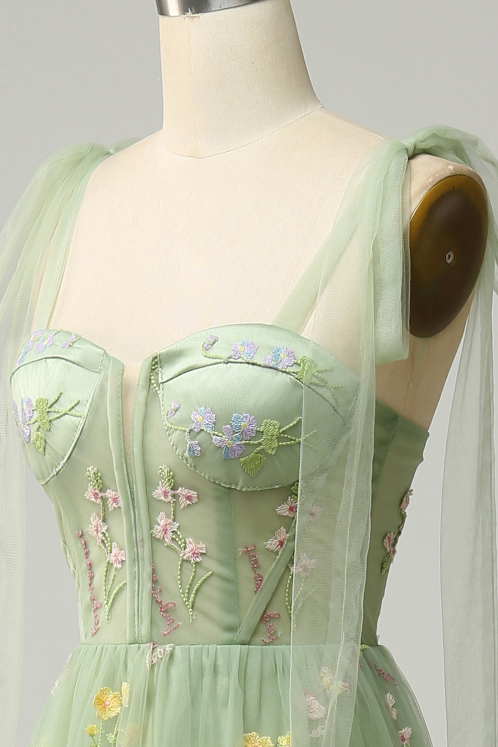 Green Embroidery Corset Long Prom Dress