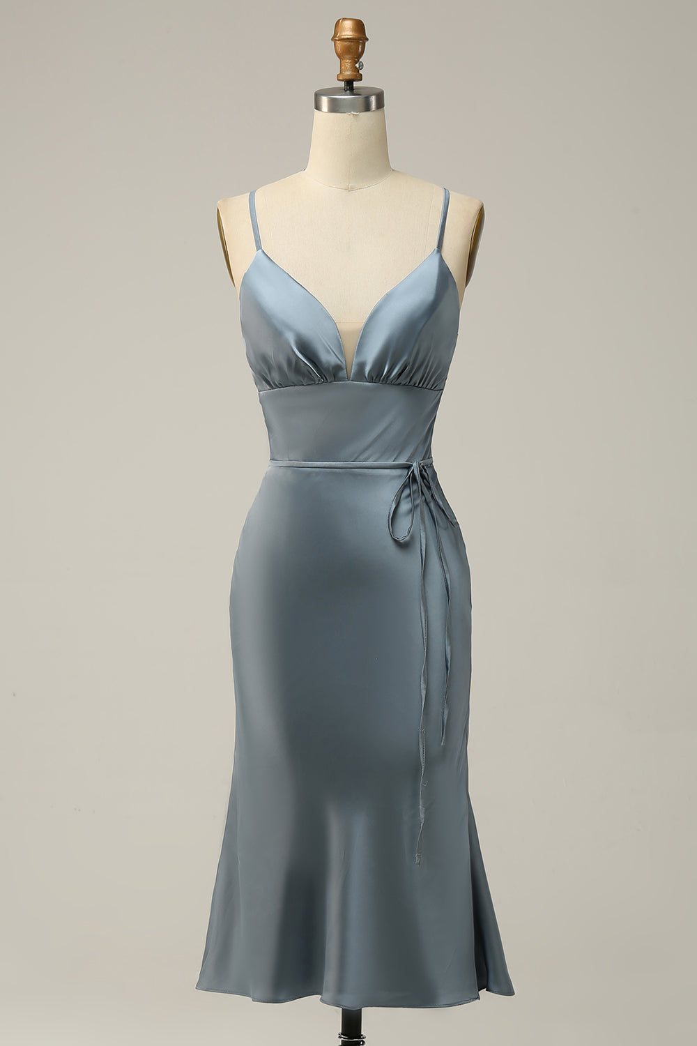 Spaghetti Straps Satin Grey Pink Prom Dress