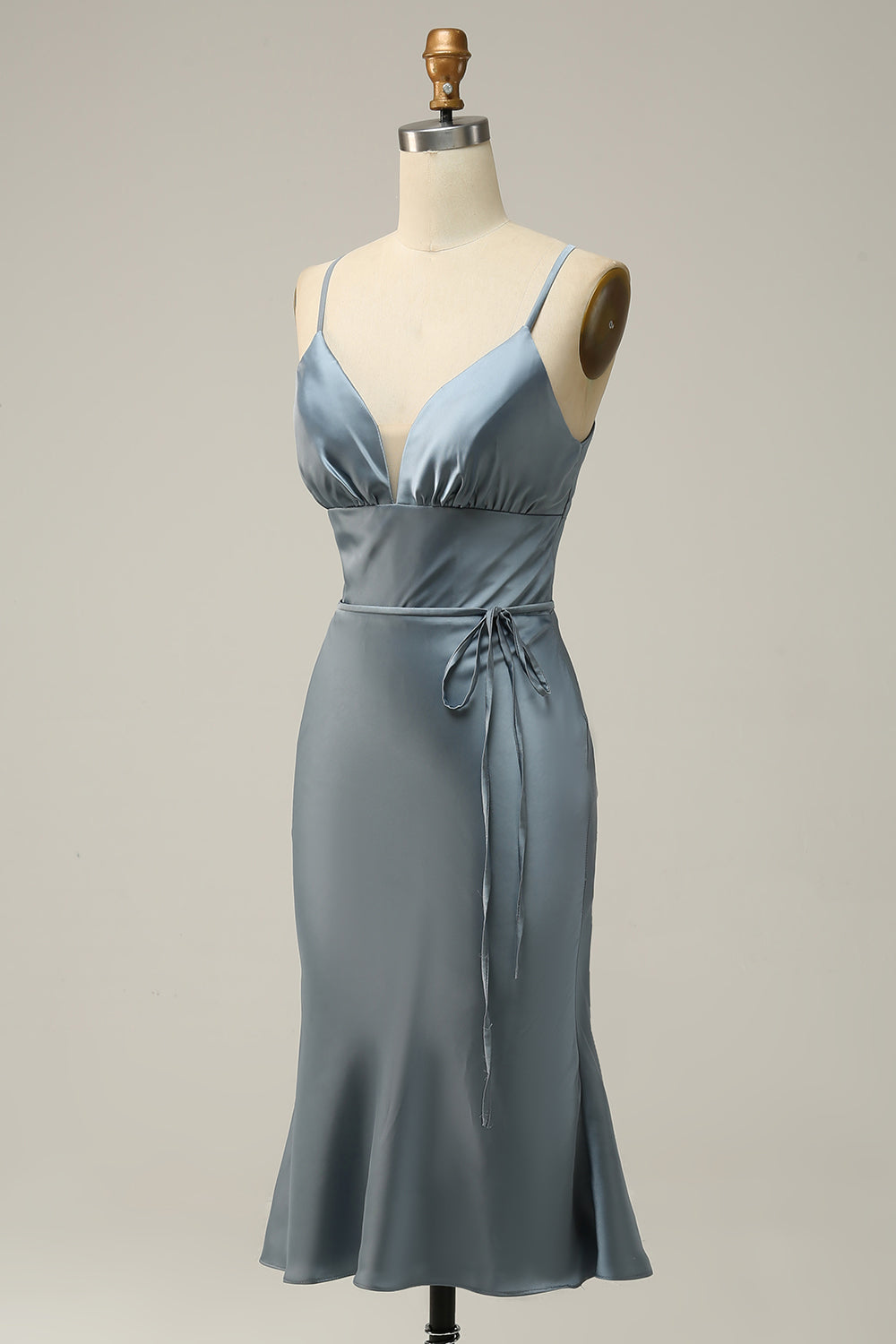 Spaghetti Straps Satin Grey Pink Prom Dress