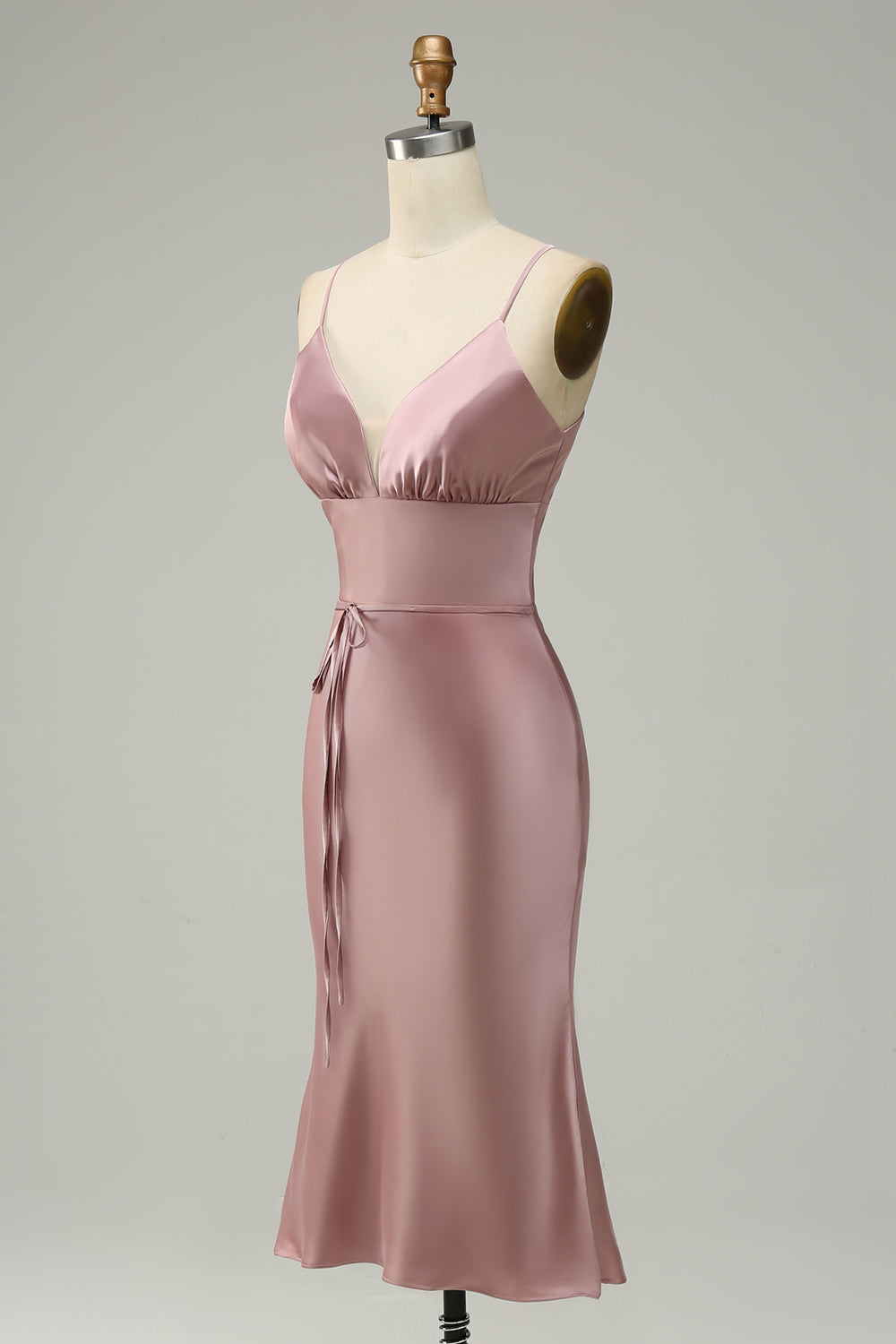 Spaghetti Straps Satin Grey Pink Prom Dress