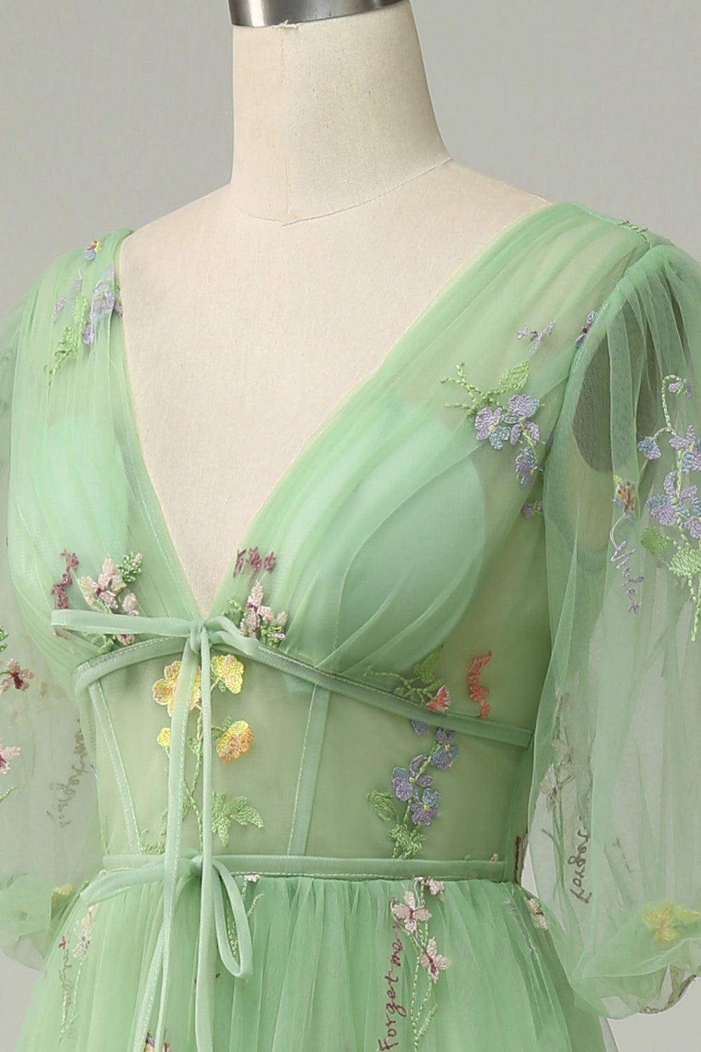 A-Line V-Neck Embroidery Green Short Sleeves Long Prom Dress