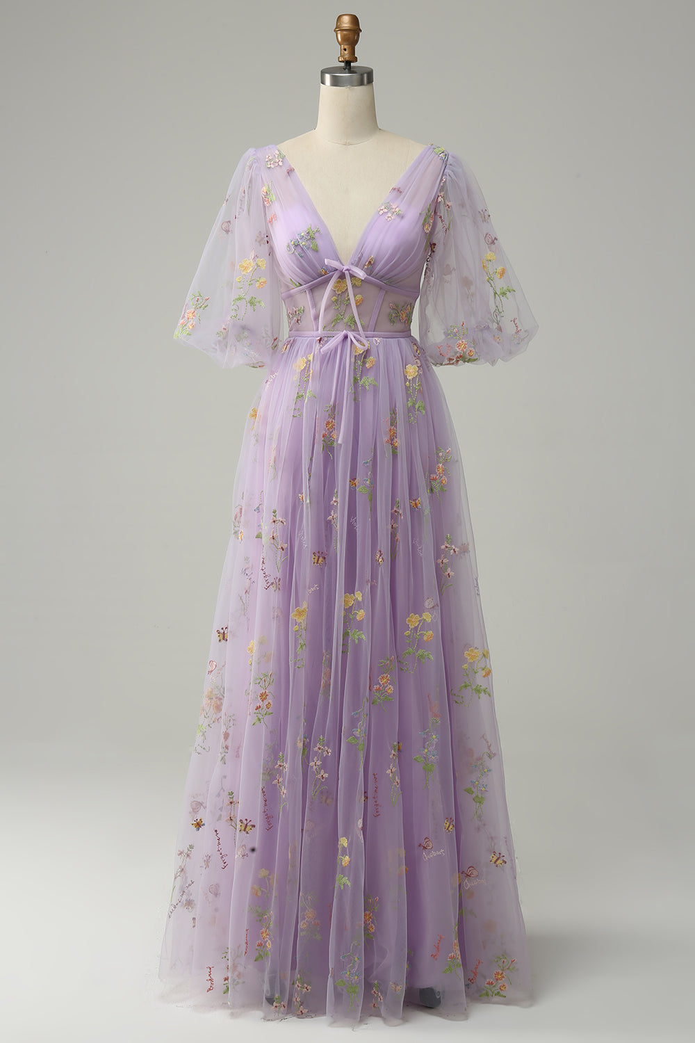 Lavender A-Line V-Neck Embroidery Long Prom Dress with Short Sleeves