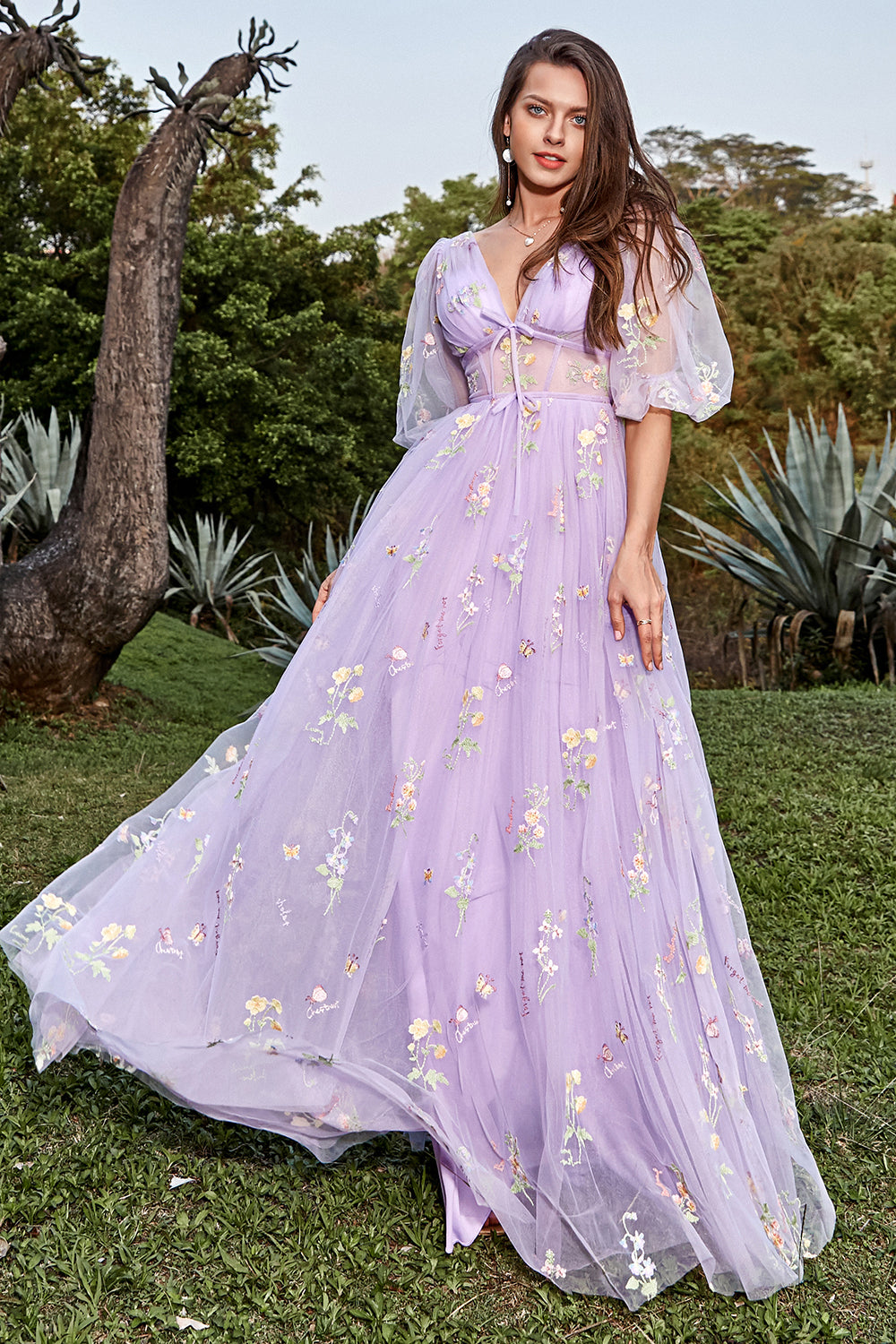 Lavender A-Line V-Neck Embroidery Long Prom Dress with Short Sleeves