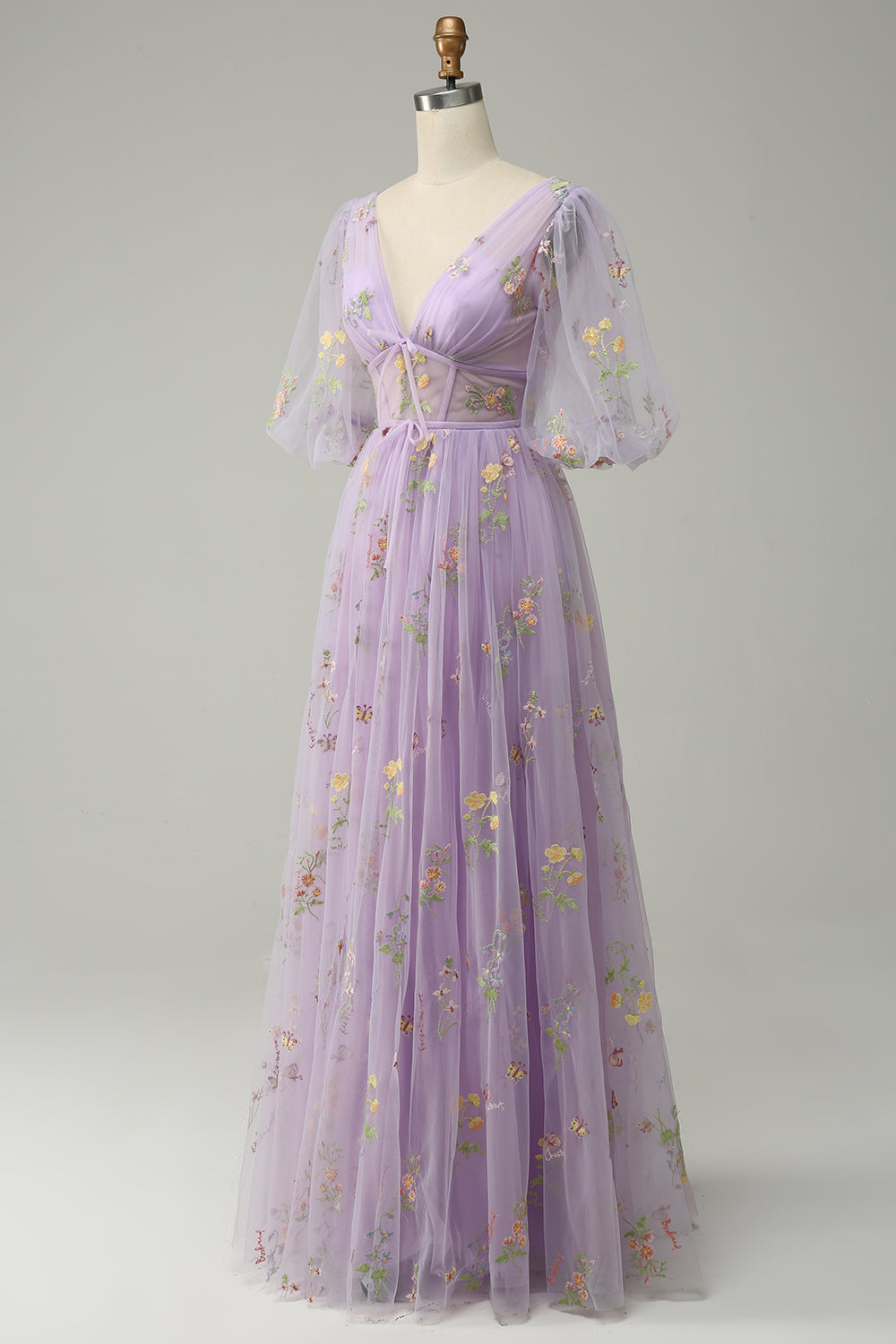 A-Line V-Neck Embroidery Lavender Short Sleeves Long Prom Dress