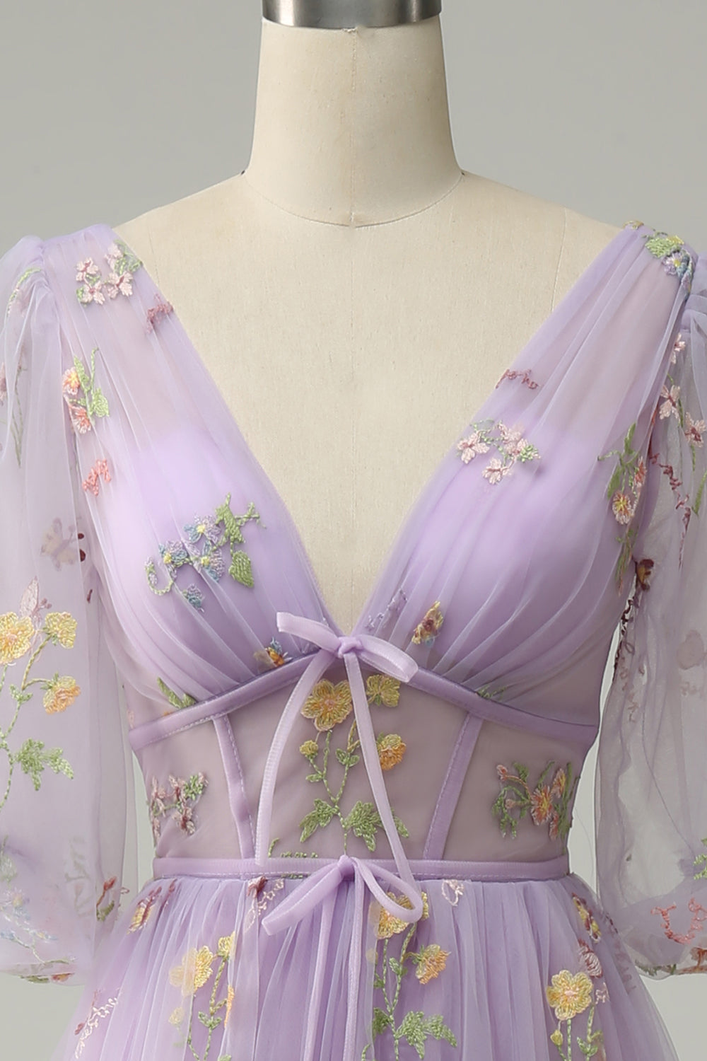 A-Line V-Neck Embroidery Lavender Short Sleeves Long Prom Dress