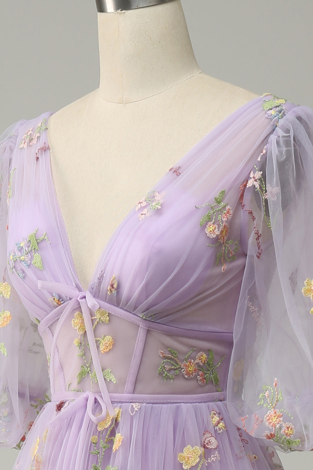 A-Line V-Neck Embroidery Lavender Short Sleeves Long Prom Dress