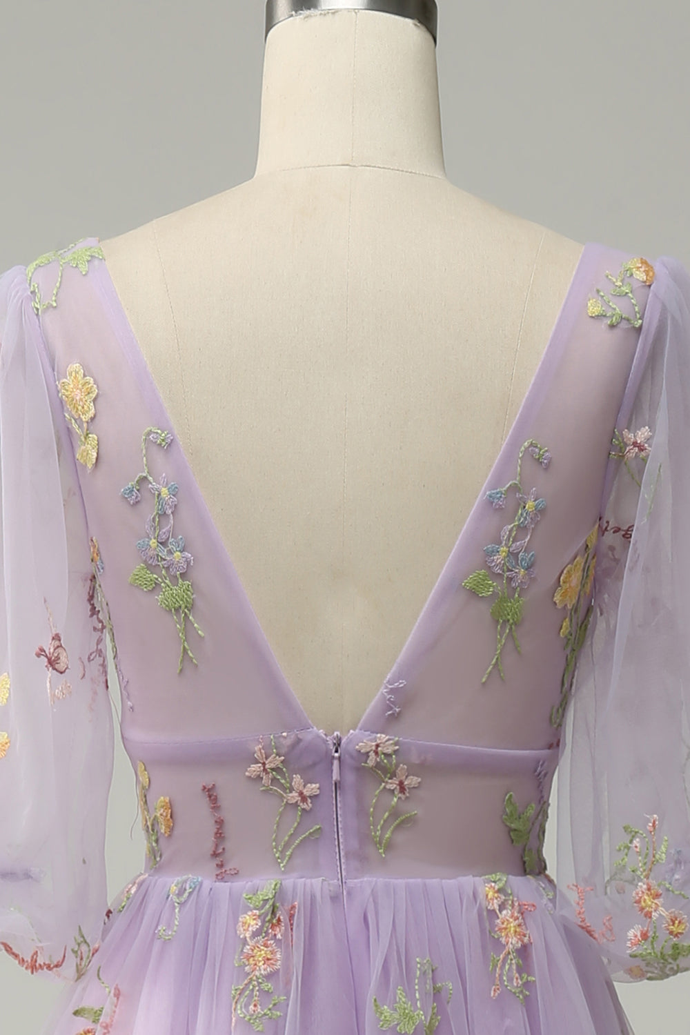 A-Line V-Neck Embroidery Lavender Short Sleeves Long Prom Dress