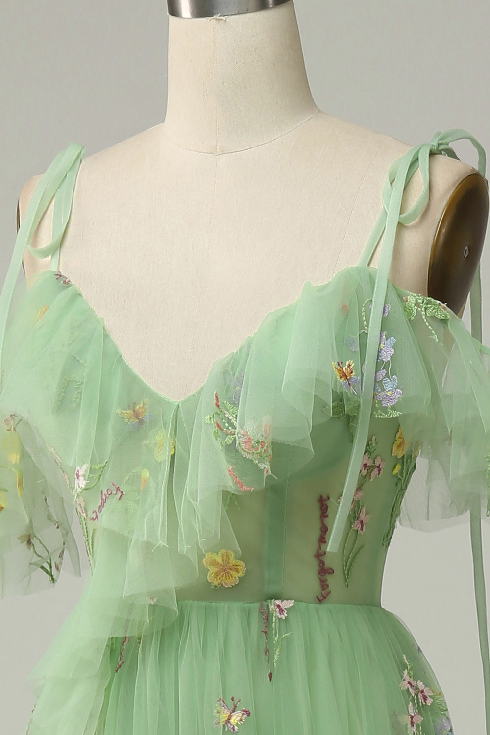 A-Line V-Neck Spaghetti Straps Embroidery Green Slit Prom Dress