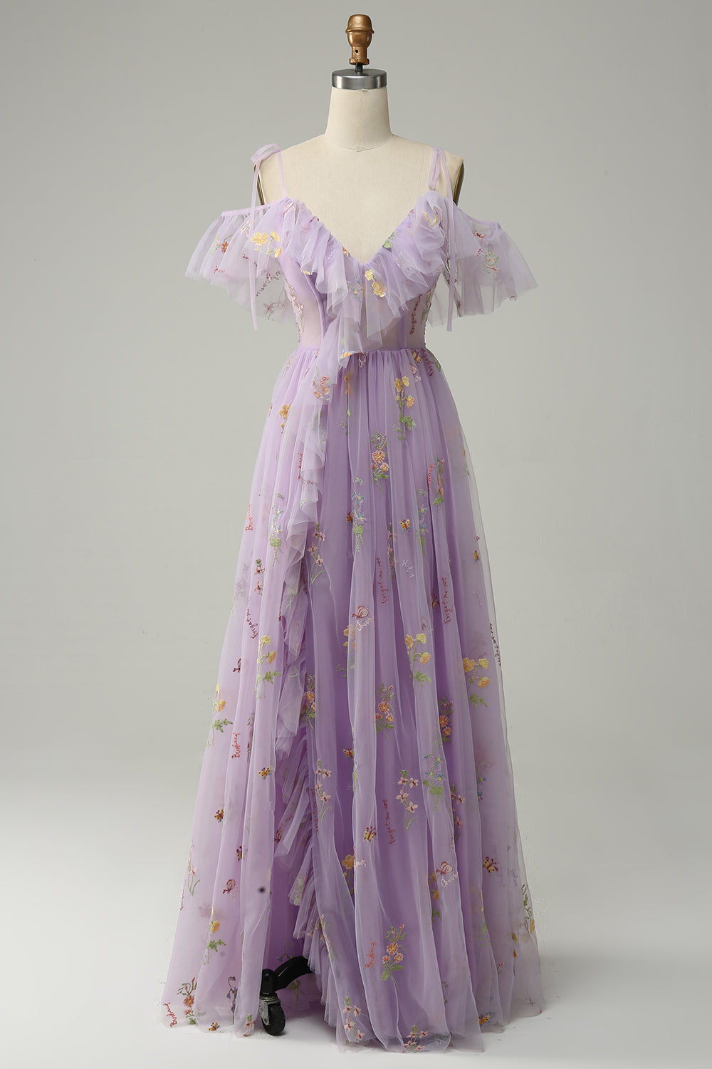 A-Line V-Neck Spaghetti Straps Embroidery Lavender Slit Prom Dress