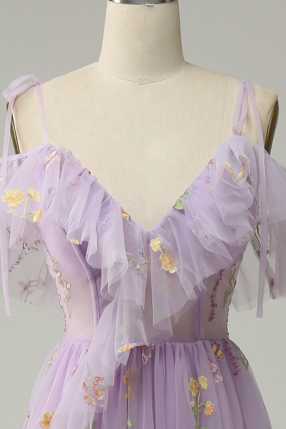 A-Line V-Neck Spaghetti Straps Embroidery Lavender Slit Prom Dress