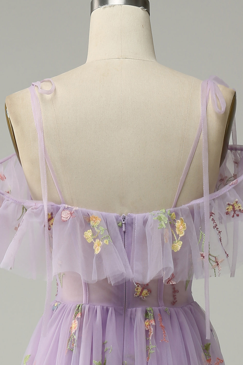 A-Line V-Neck Spaghetti Straps Embroidery Lavender Slit Prom Dress