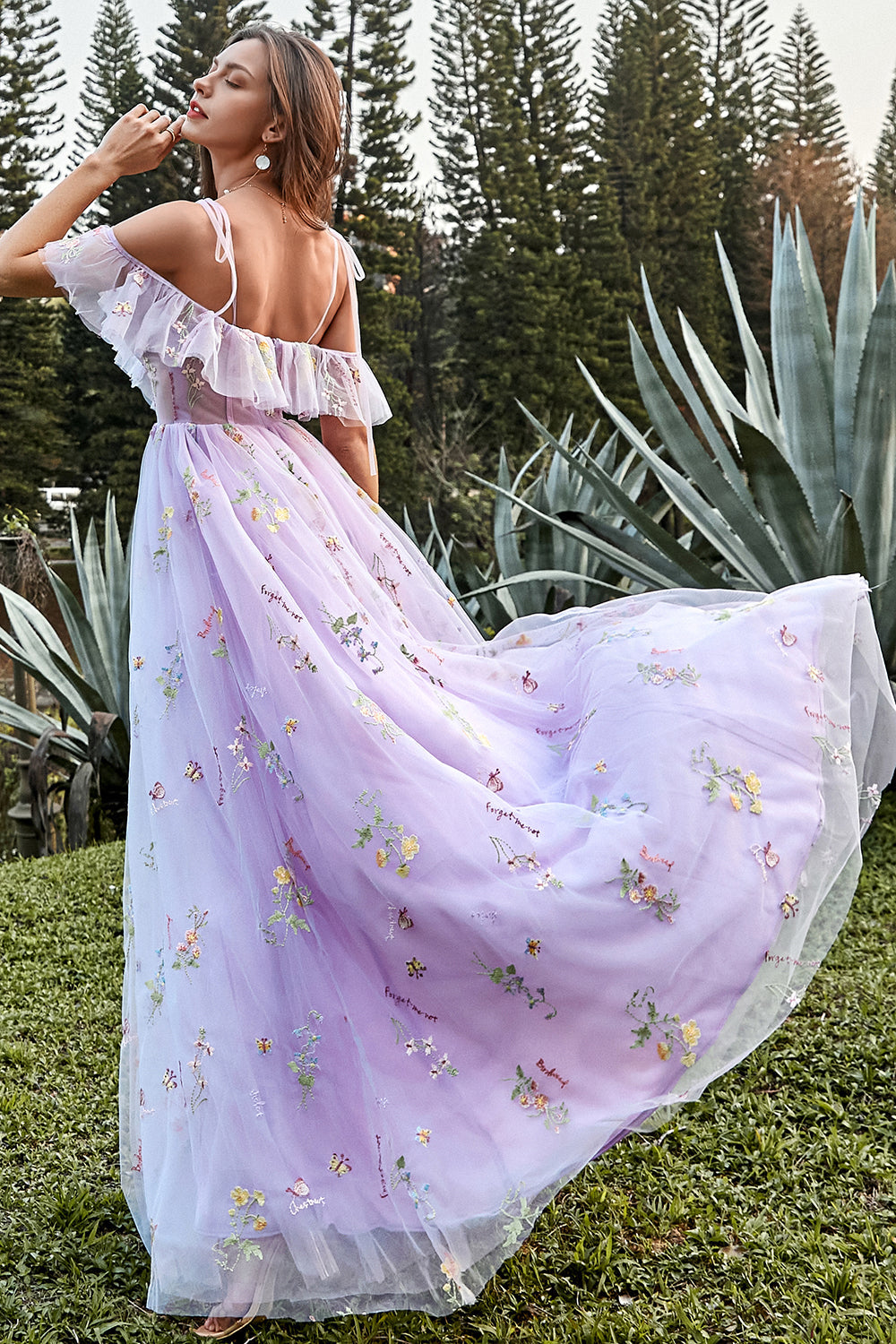 A-Line V-Neck Spaghetti Straps Embroidery Lavender Slit Prom Dress