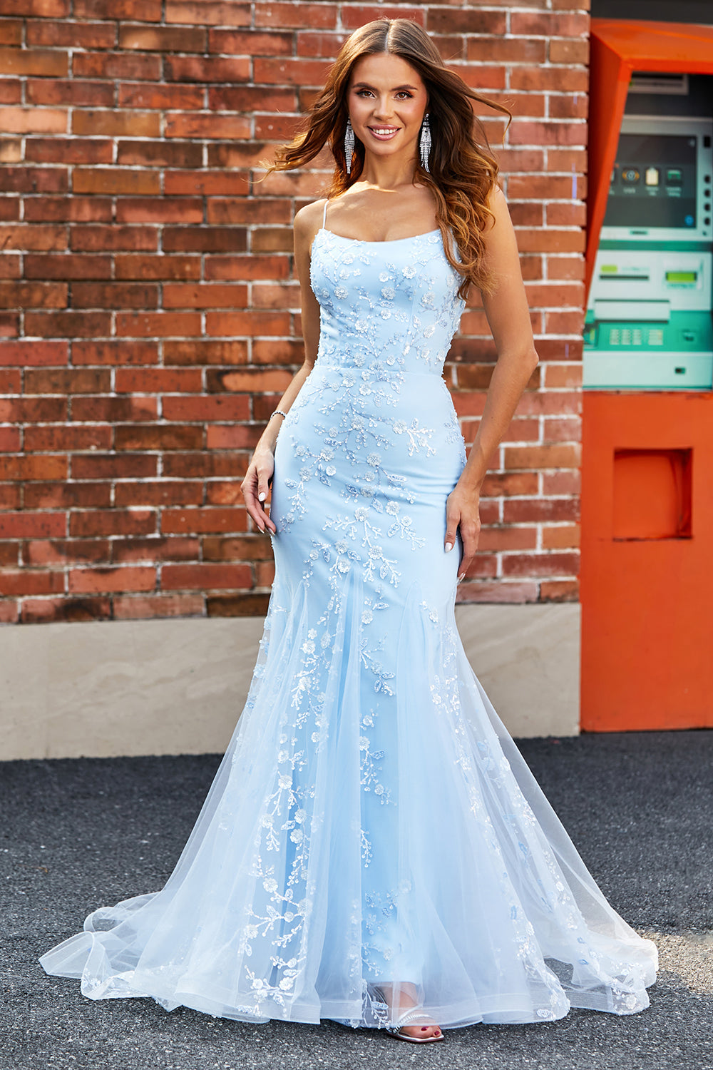 Mermiad Blush Spaghetti Straps Prom Dress with Appliques