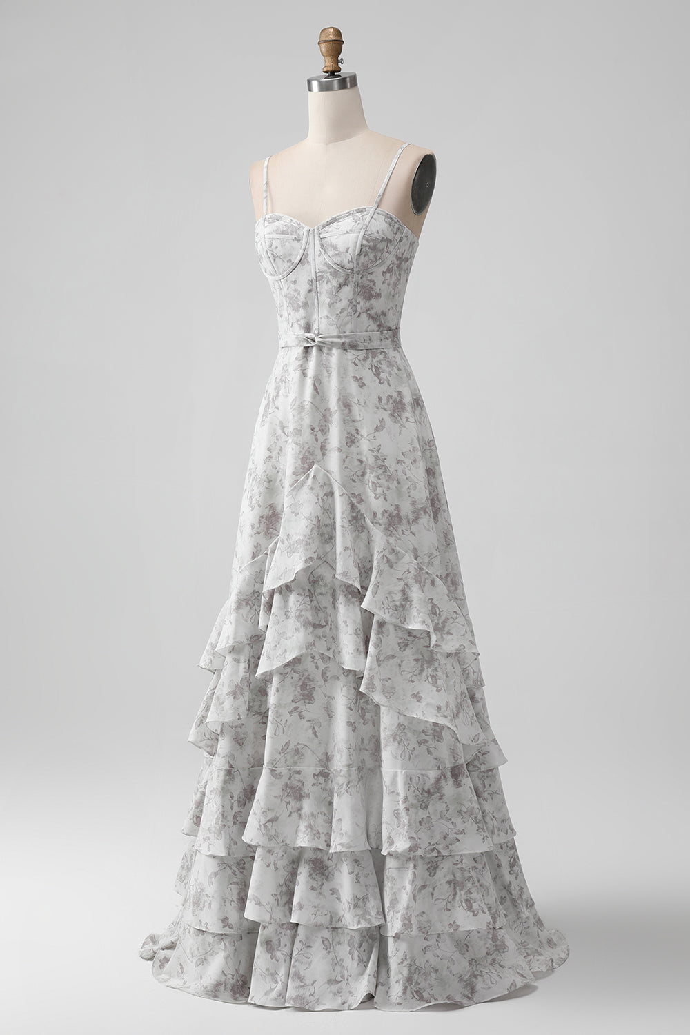 Brown Flower A-Line Spaghetti Straps Tiered Lace-up Back Long Bridesmaid Dress