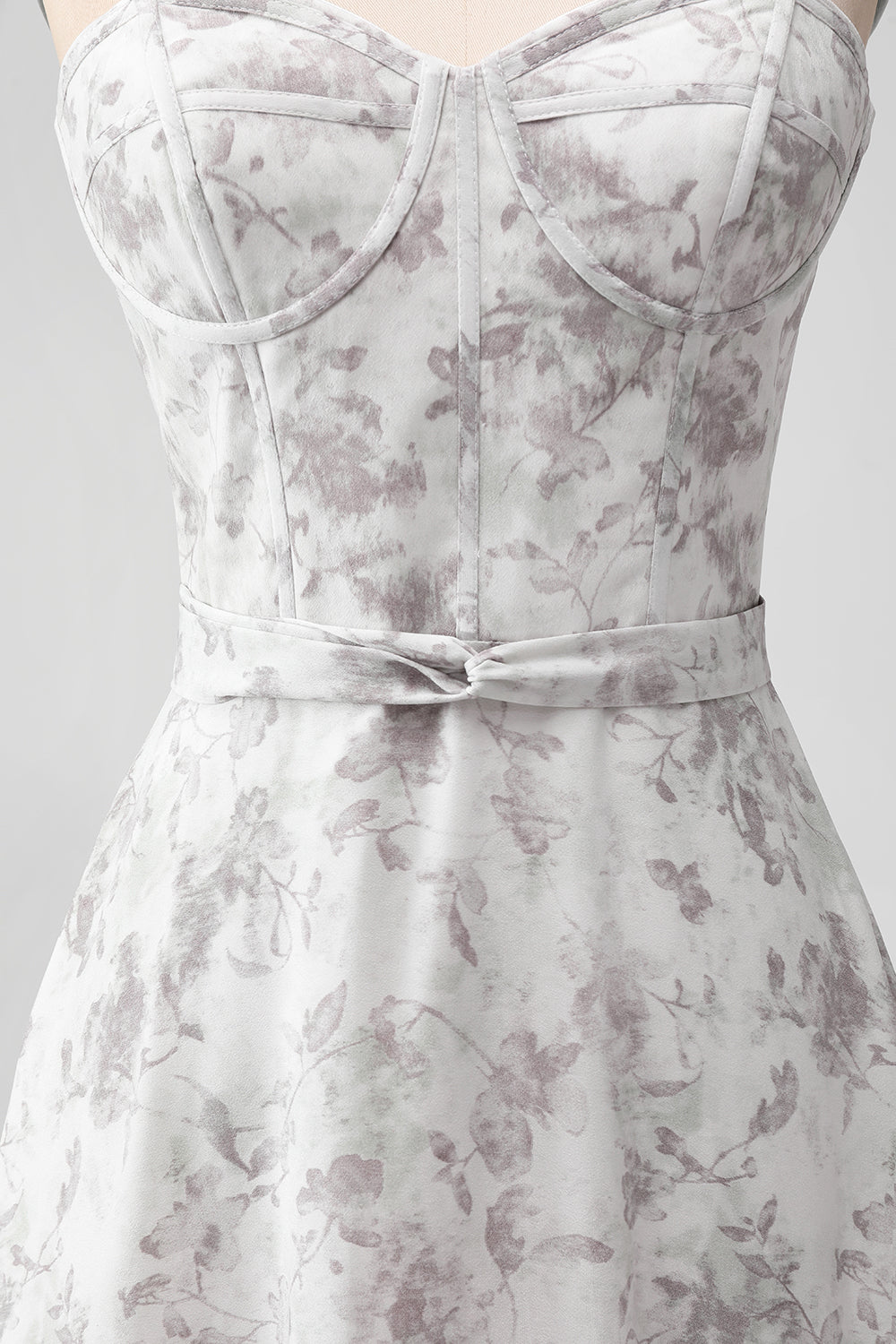 Brown Flower A-Line Spaghetti Straps Tiered Lace-up Back Long Bridesmaid Dress