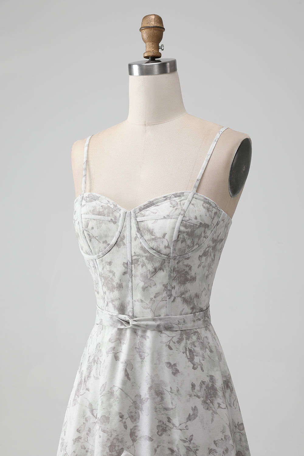 Brown Flower A-Line Spaghetti Straps Tiered Lace-up Back Long Bridesmaid Dress