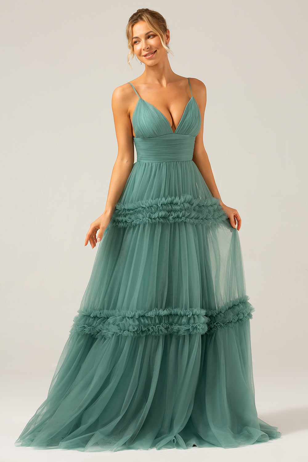 White Blue Flower A-Line Spaghetti Straps Backless Floral Bridesmaid Dress