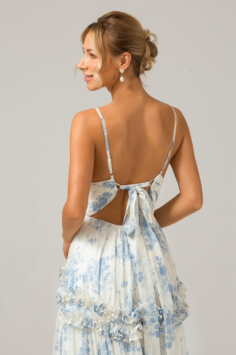 White Blue Flower A-Line Spaghetti Straps Backless Floral Bridesmaid Dress