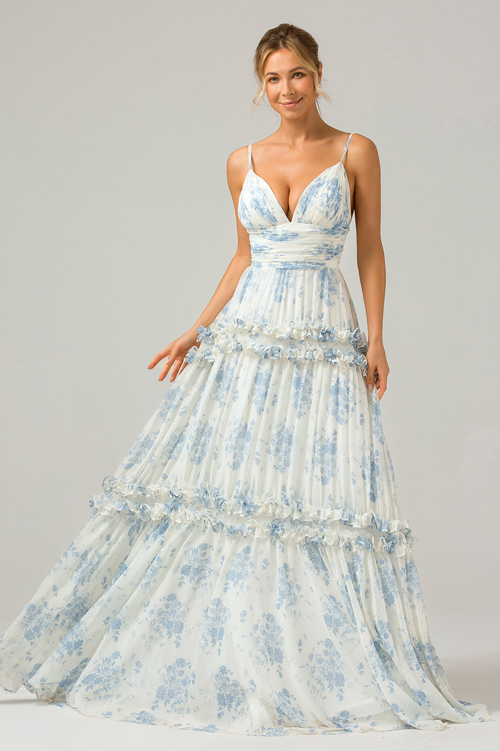 White Blue Flower A-Line Spaghetti Straps Backless Floral Bridesmaid Dress
