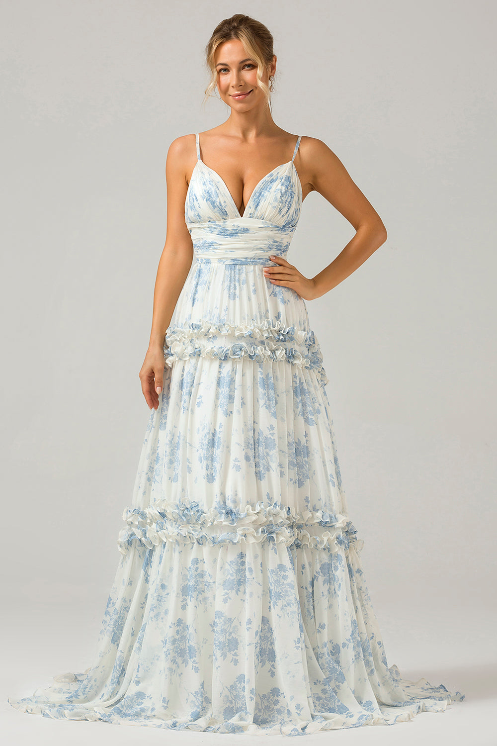 White Blue Flower A-Line Spaghetti Straps Backless Floral Bridesmaid Dress