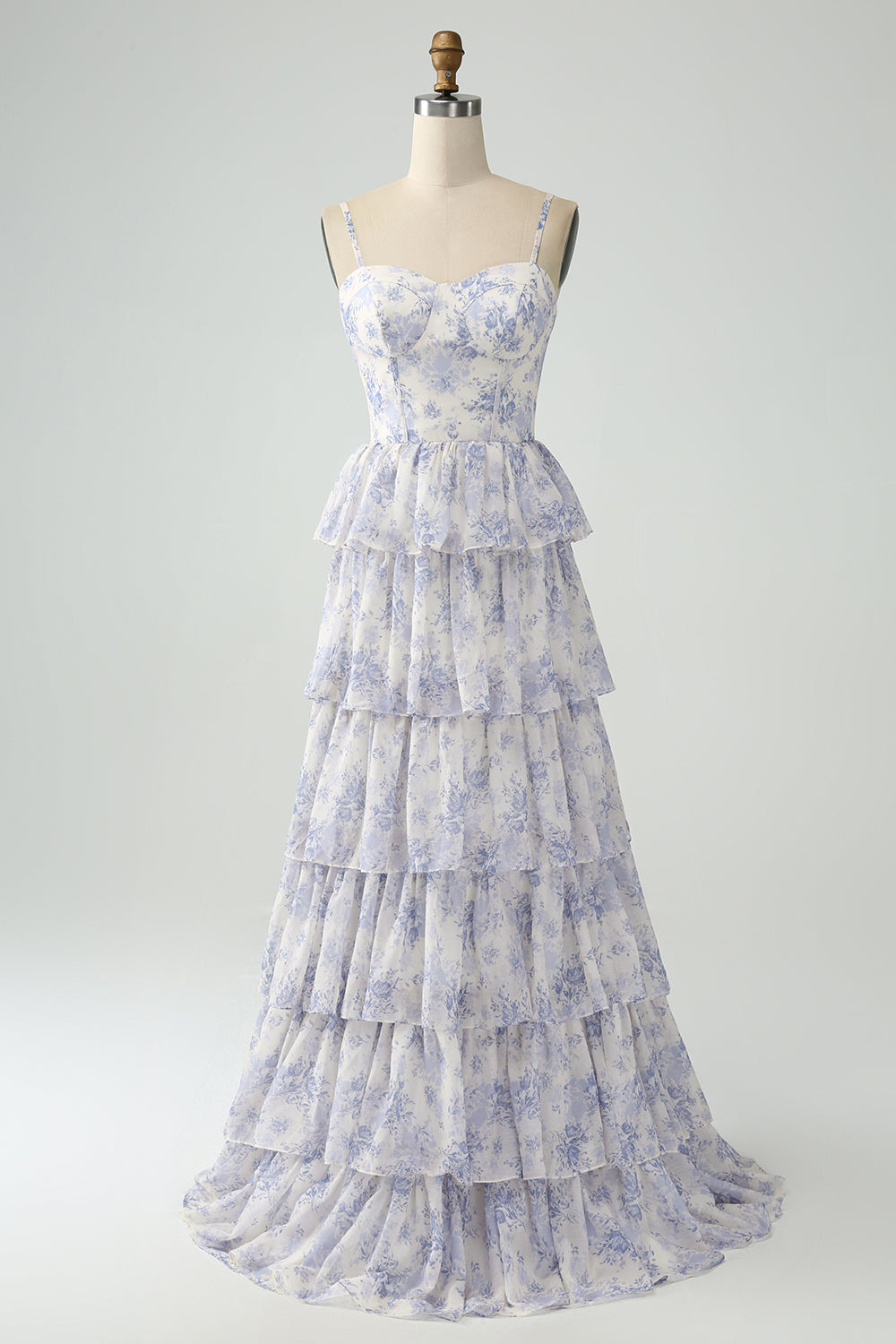 White Blue Flower A Line Spaghetti Straps Tiered Corset Maxi Dress