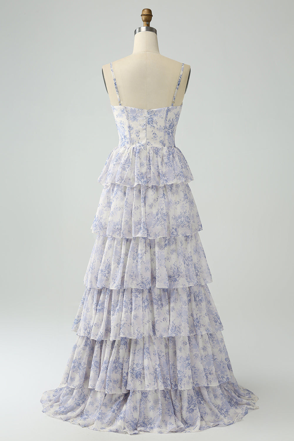 White Blue Flower A Line Spaghetti Straps Tiered Corset Maxi Dress