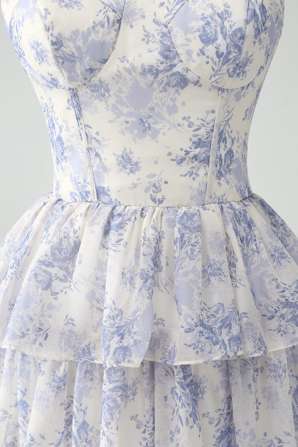 White Blue Flower A Line Spaghetti Straps Tiered Corset Maxi Dress