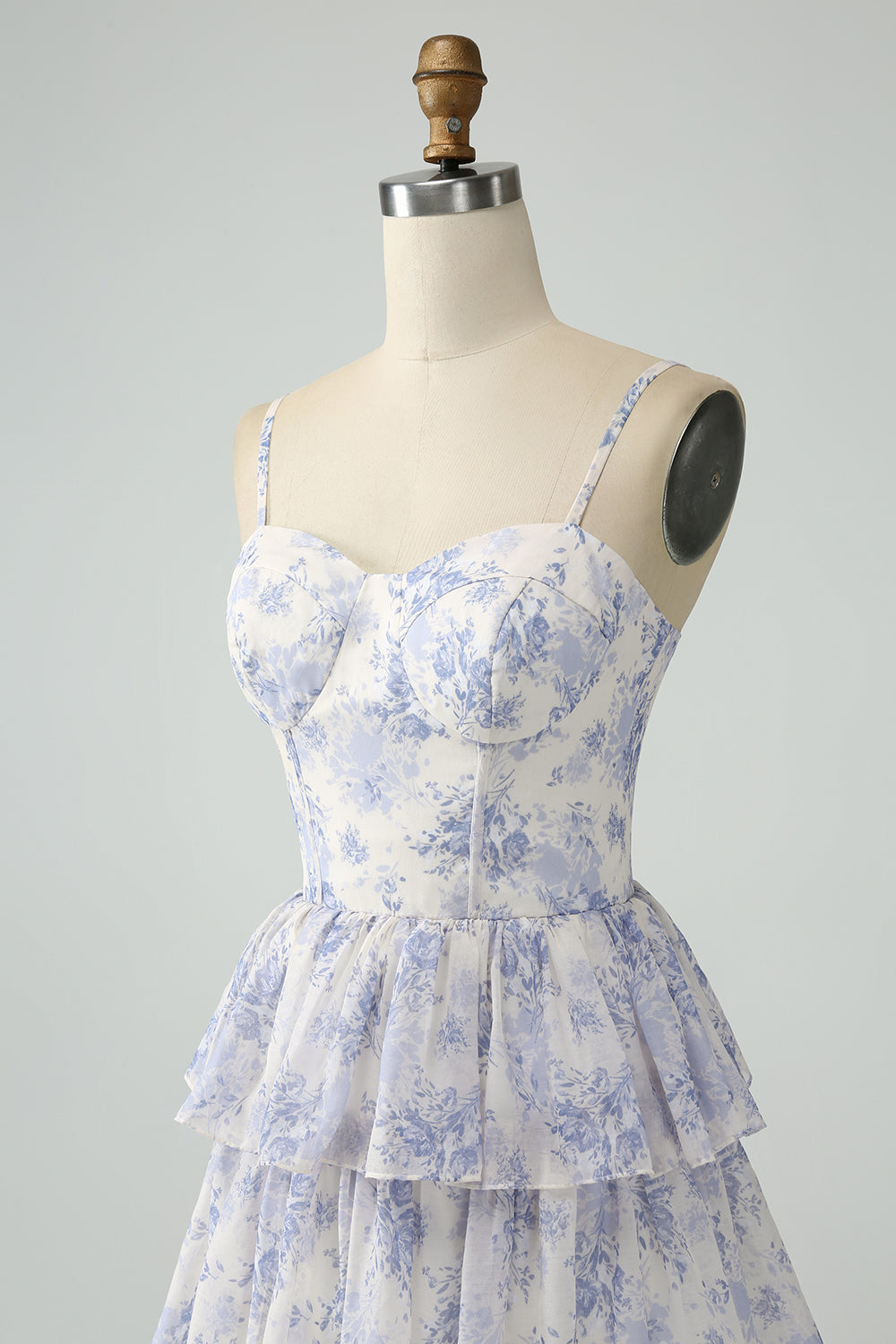 White Blue Flower A Line Spaghetti Straps Tiered Corset Maxi Dress