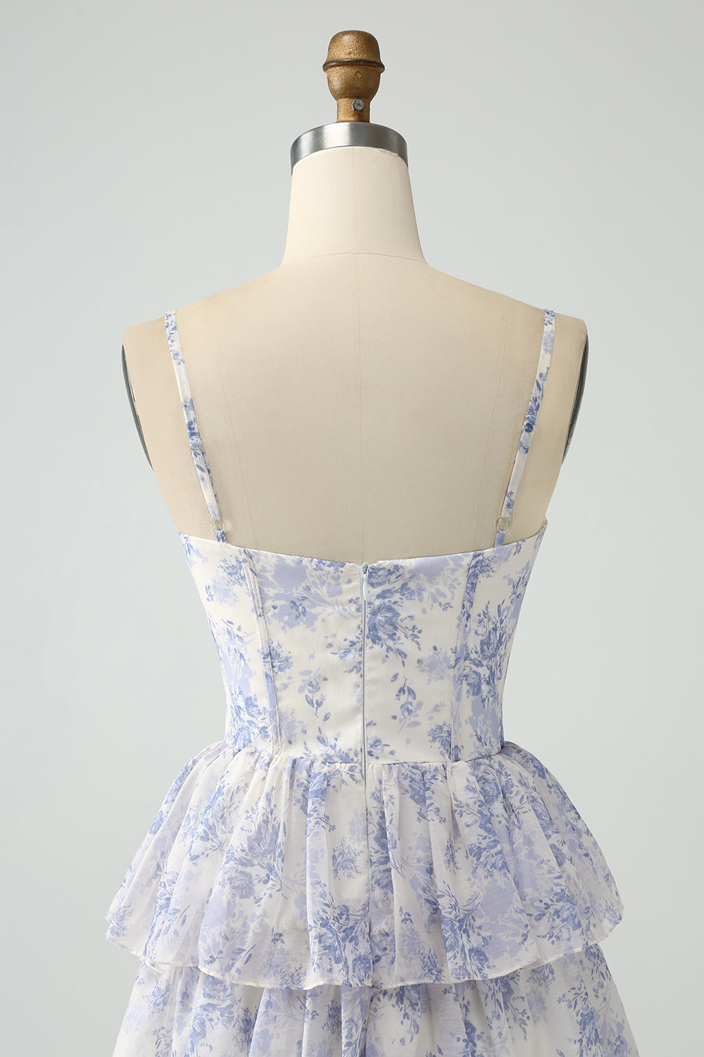 White Blue Flower A Line Spaghetti Straps Tiered Corset Maxi Dress
