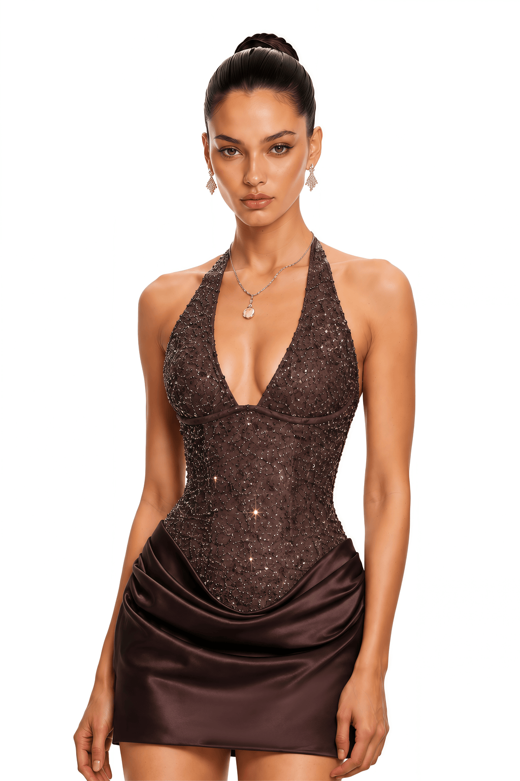 Yeshna Brown Halterneck Sequin Satin Mini Dress