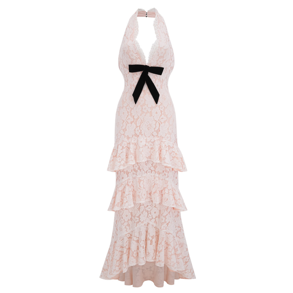Zehra Beige Halterneck Tiered Lace Maxi Dress with Bow Detail