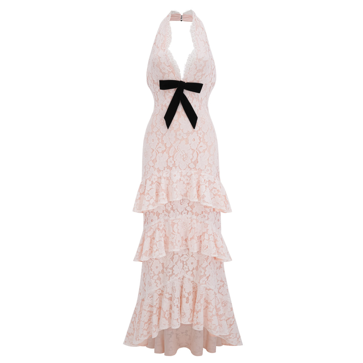 Zehra Beige Halterneck Tiered Lace Maxi Dress with Bow Detail