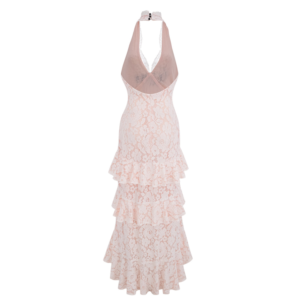 Zehra Beige Halterneck Tiered Lace Maxi Dress with Bow Detail