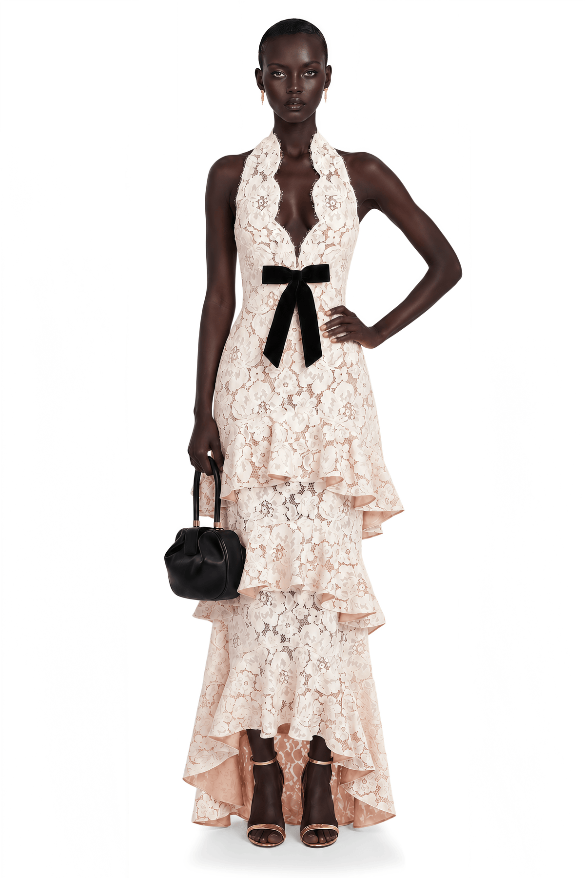 Zehra Beige Halterneck Tiered Lace Maxi Dress with Bow Detail