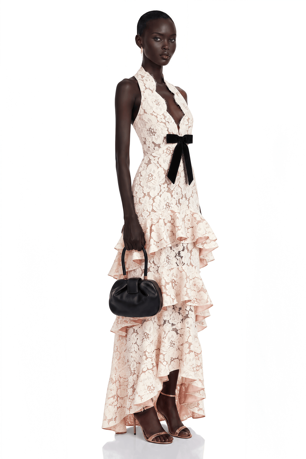 Zehra Beige Halterneck Tiered Lace Maxi Dress with Bow Detail