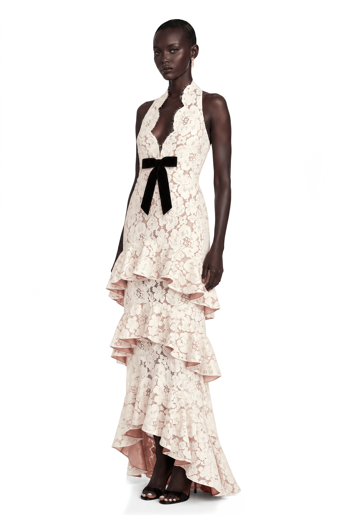 Zehra Beige Halterneck Tiered Lace Maxi Dress with Bow Detail