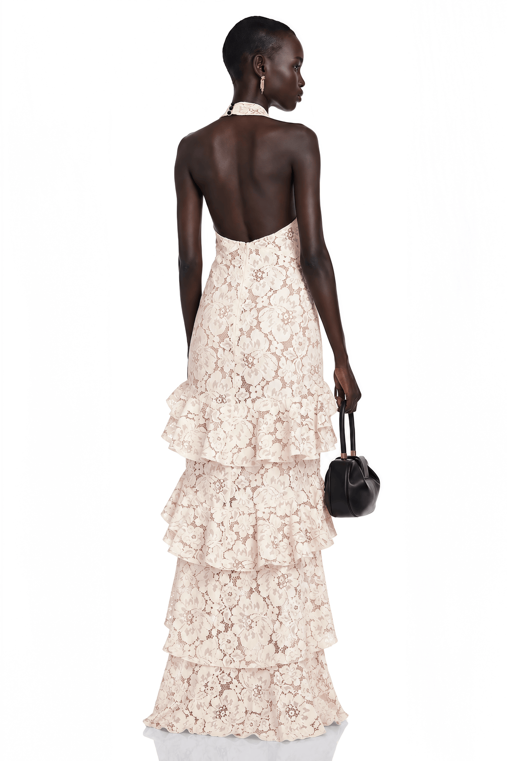 Zehra Beige Halterneck Tiered Lace Maxi Dress with Bow Detail