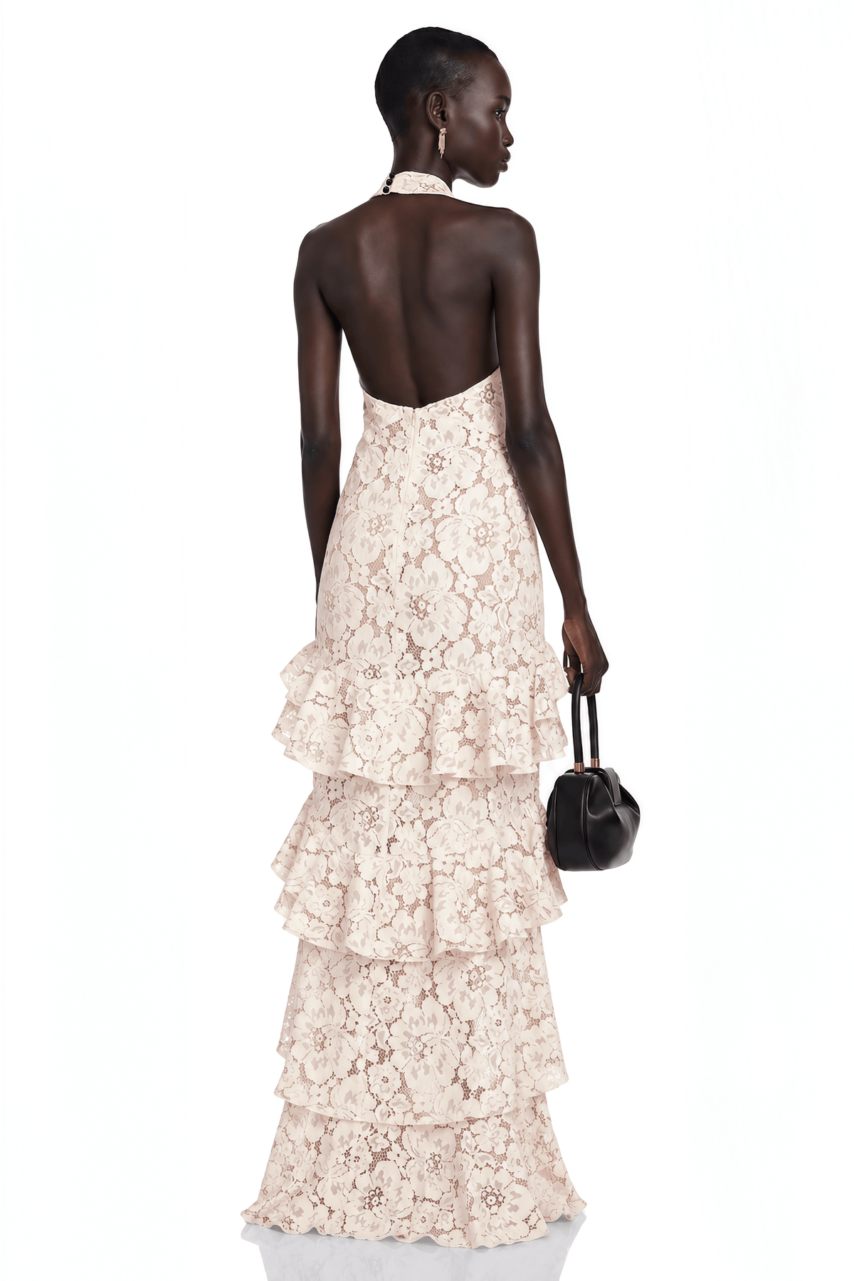 Zehra Beige Halterneck Tiered Lace Maxi Dress with Bow Detail