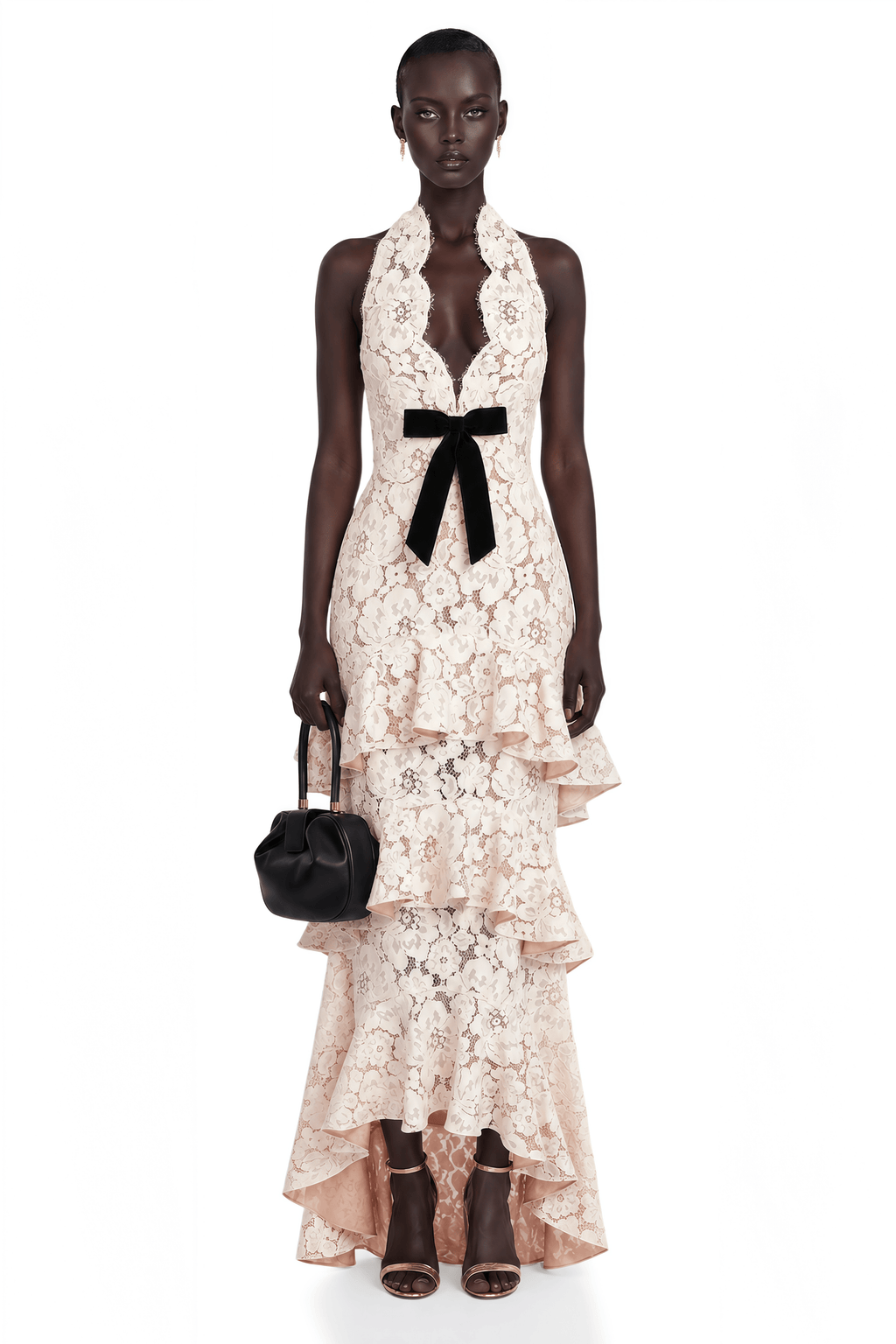 Zehra Beige Halterneck Tiered Lace Maxi Dress with Bow Detail