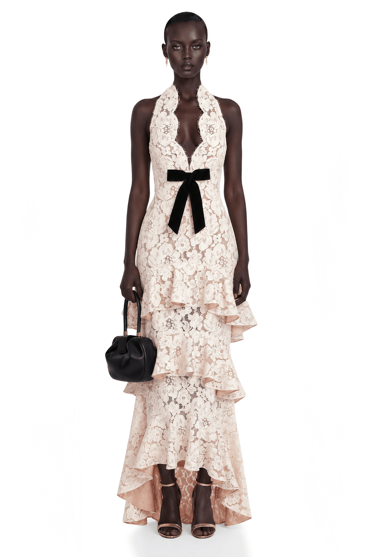 Zehra Beige Halterneck Tiered Lace Maxi Dress with Bow Detail