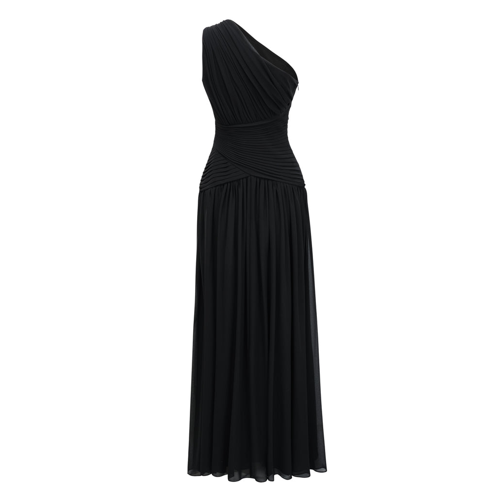 Zeliha Black One Shoulder Cross Front Ruched Maxi Dress